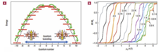Schematic representation of the energy landscape of a SMM and hysteresis loops of single crystals