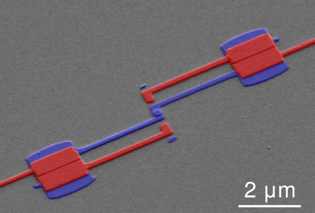 Electron microscope image of a small section of a granular Aluminum superinductor (in red) connected to a Josephson junction [from Grünhaupt&Spiecker, Nature Materials 18, (2019)].