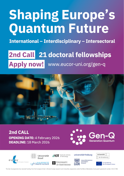 Werbeplakat für Gen-Q: „Shaping Europe’s Quantum Future“ mit Laborfoto und Logo, rechte Hälfte unscharf, Farbrand.