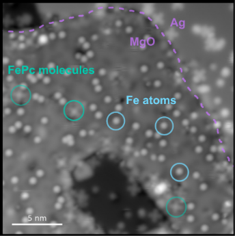 Darkgrey background with lighter grey spots on it, showing FePc molecules and Fe atoms